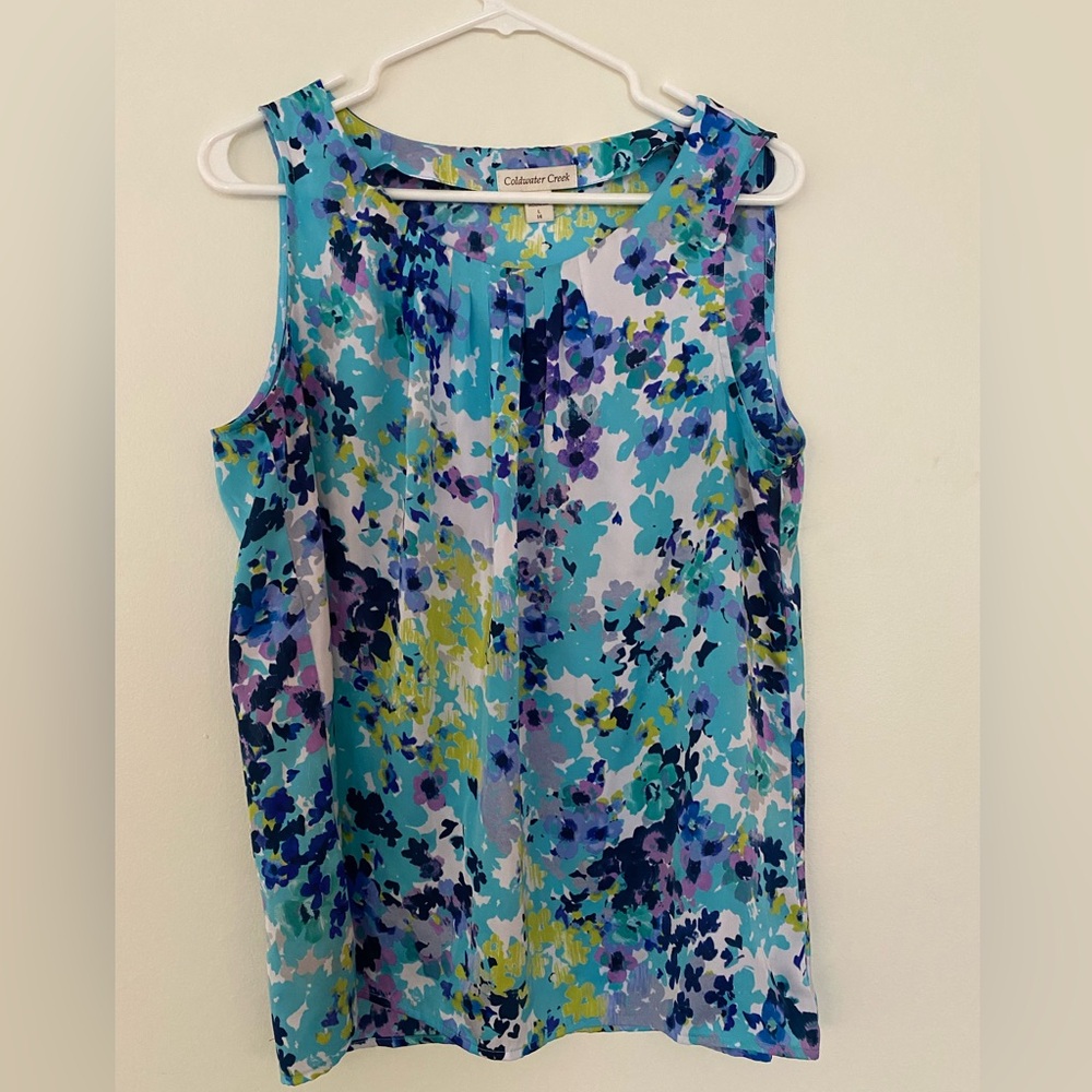 COLDWATER CREEK Women’s Sleeveless Blouse Blue Floral- Satin feel Size L